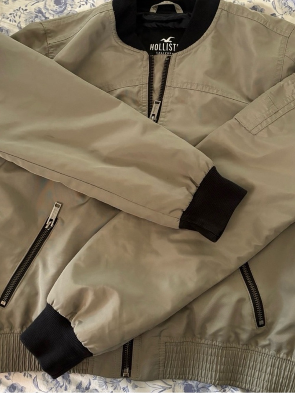 Hollister Men's Olive Green Bomber Jacket with Black Trim